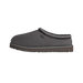 Side view of a gray UGG Tasman II slipper with a black and white braided trim and brown textured outsole