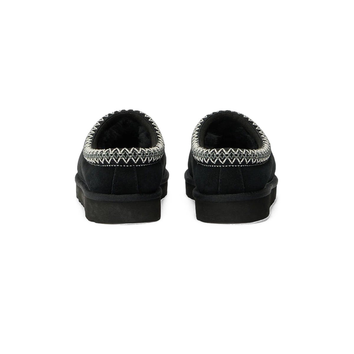 Rear view of a pair of black UGG Tasman II slippers showing the heel counters with white and grey braided trim and shearling lining.