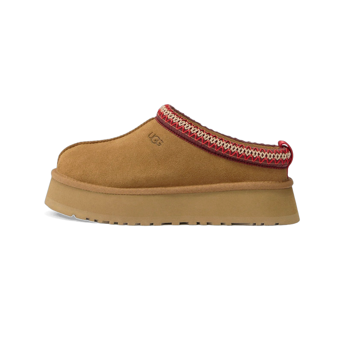 Side view of a chestnut brown suede UGG Tazz II slipper with a platform sole and red-and-cream embroidered trim around the collar.