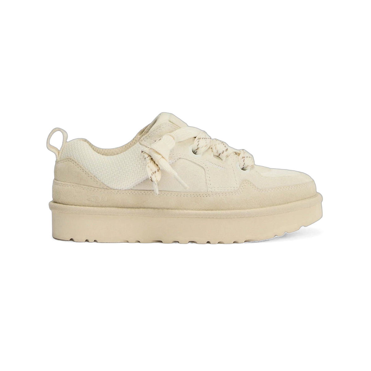 Side view of a beige UGG Lowmel Lo Jasmine sneaker with suede overlays, textured lace-up closure, and a chunky lugged platform sole.