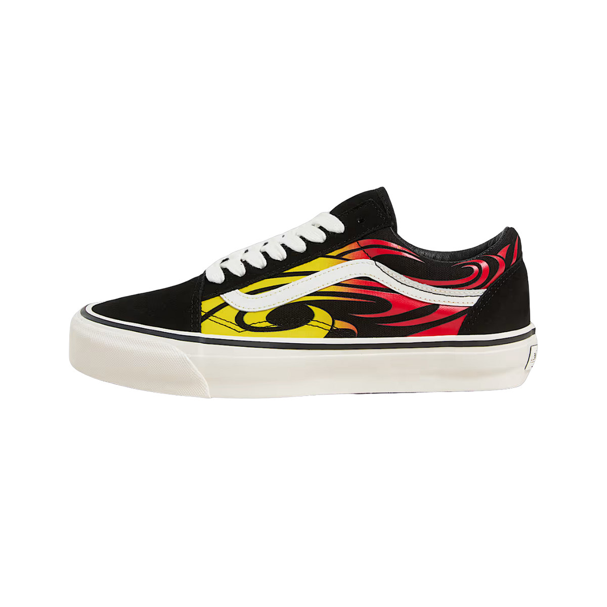 Side view of a black Vans Old Skool sneaker with red, orange, and yellow flame graphics, white lace-up panel, and off-white sole.