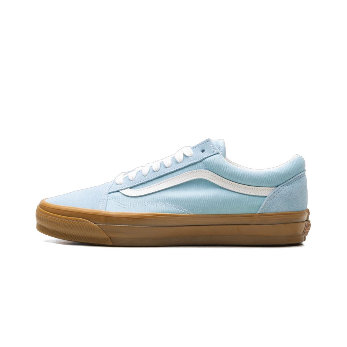 Side view of a light blue Vans Old Skool sneaker with white side stripe, white laces, and a gum rubber sole.