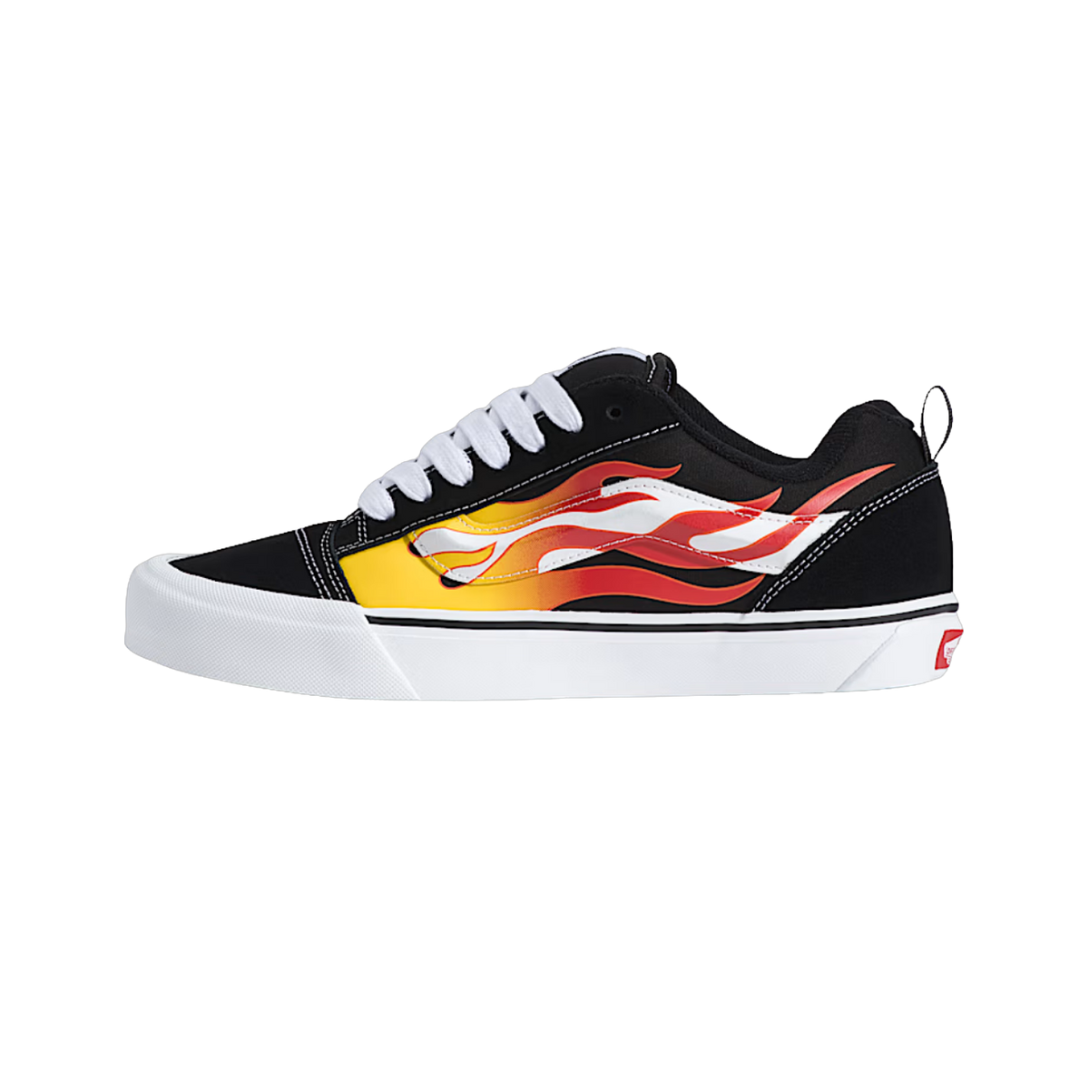 Side view of a black Vans Knu Skool sneaker with a red, orange, and white flame graphic on the side panel and white laces and outsole.