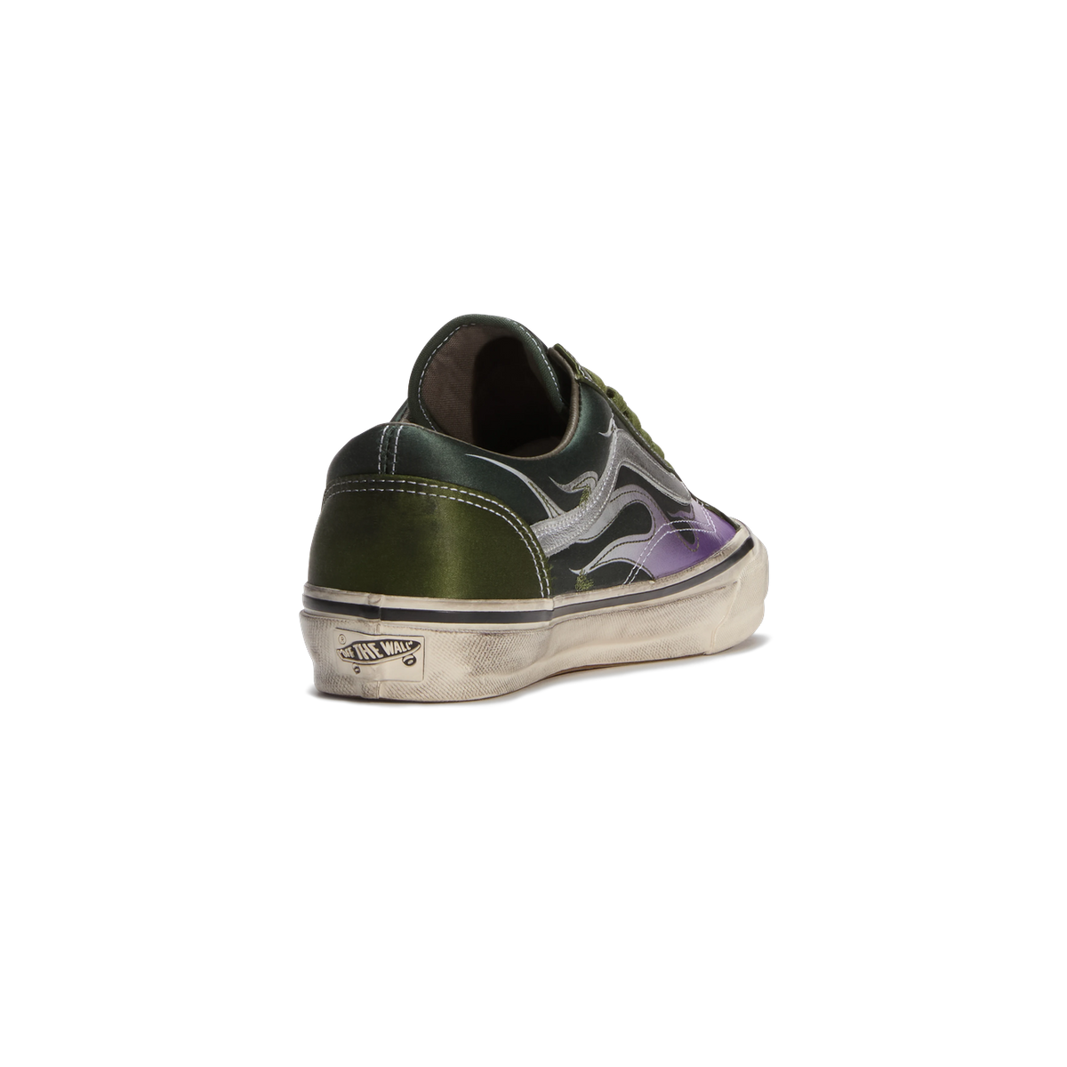 Rear view of a green Vans Old Skool sneaker with a gray flame graphic fading into purple and an aged off-white sole with Off The Wall heel patch