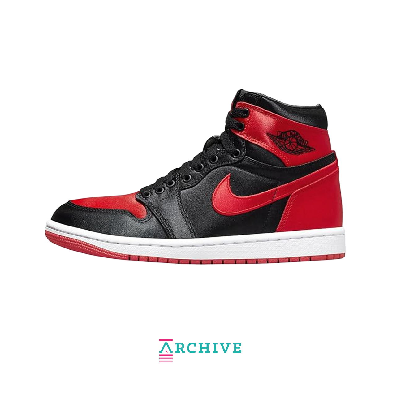 Air Jordan 1 High Sayin Bred sneaker with black and red satin upper classic Jordan 1 high silhouette and premium finish available at The Attic