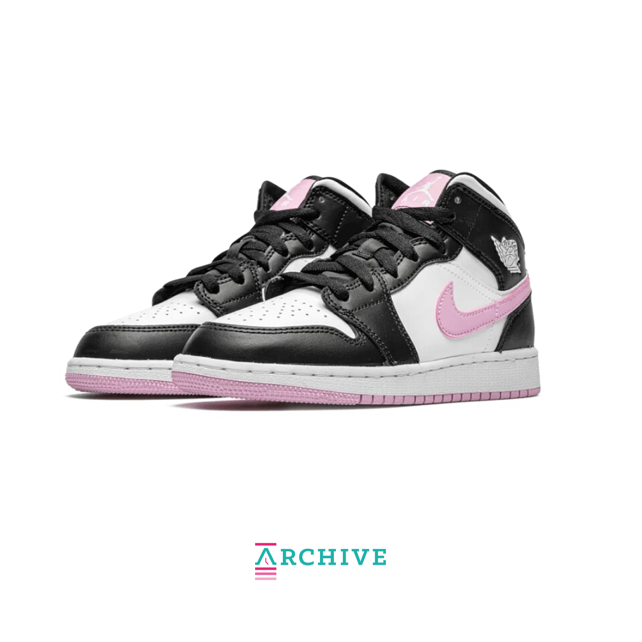 Air Jordan 1 Mid White Black Light Arctic Pink sneaker with leather upper soft pink accents available at The Attic