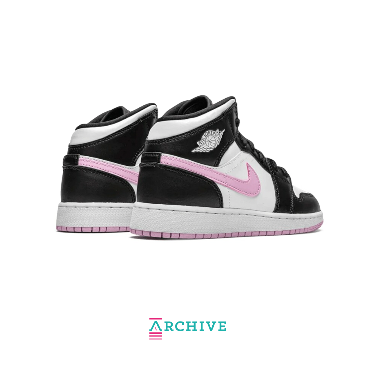 Air Jordan 1 Mid White Black Light Arctic Pink sneaker with leather upper soft pink accents available at The Attic