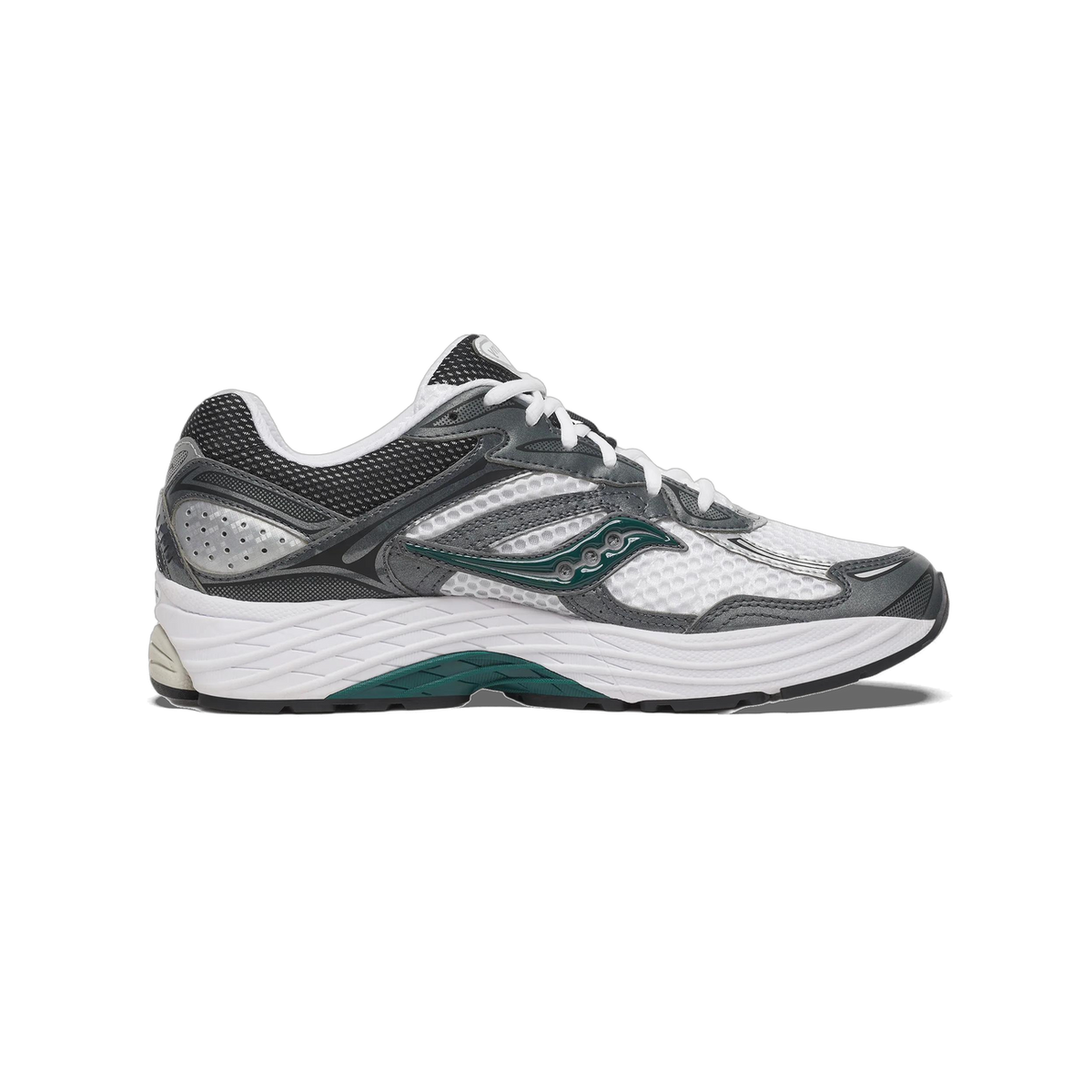 Side profile of a white, grey and black Saucony running shoe with a dark green Saucony logo on the midfoot, white laces, and a green accent on the sole, toe pointing left.