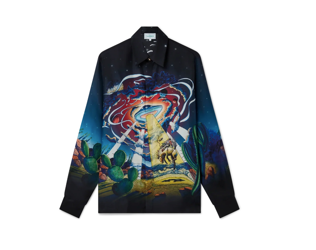 Casablanca Cowboy De L'Espace Long Sleeve Silk Shirt, stylish men's silk shirt with cowboy-inspired print, luxurious long sleeve design, elegant and comfortable fashion piece, high-quality silk material