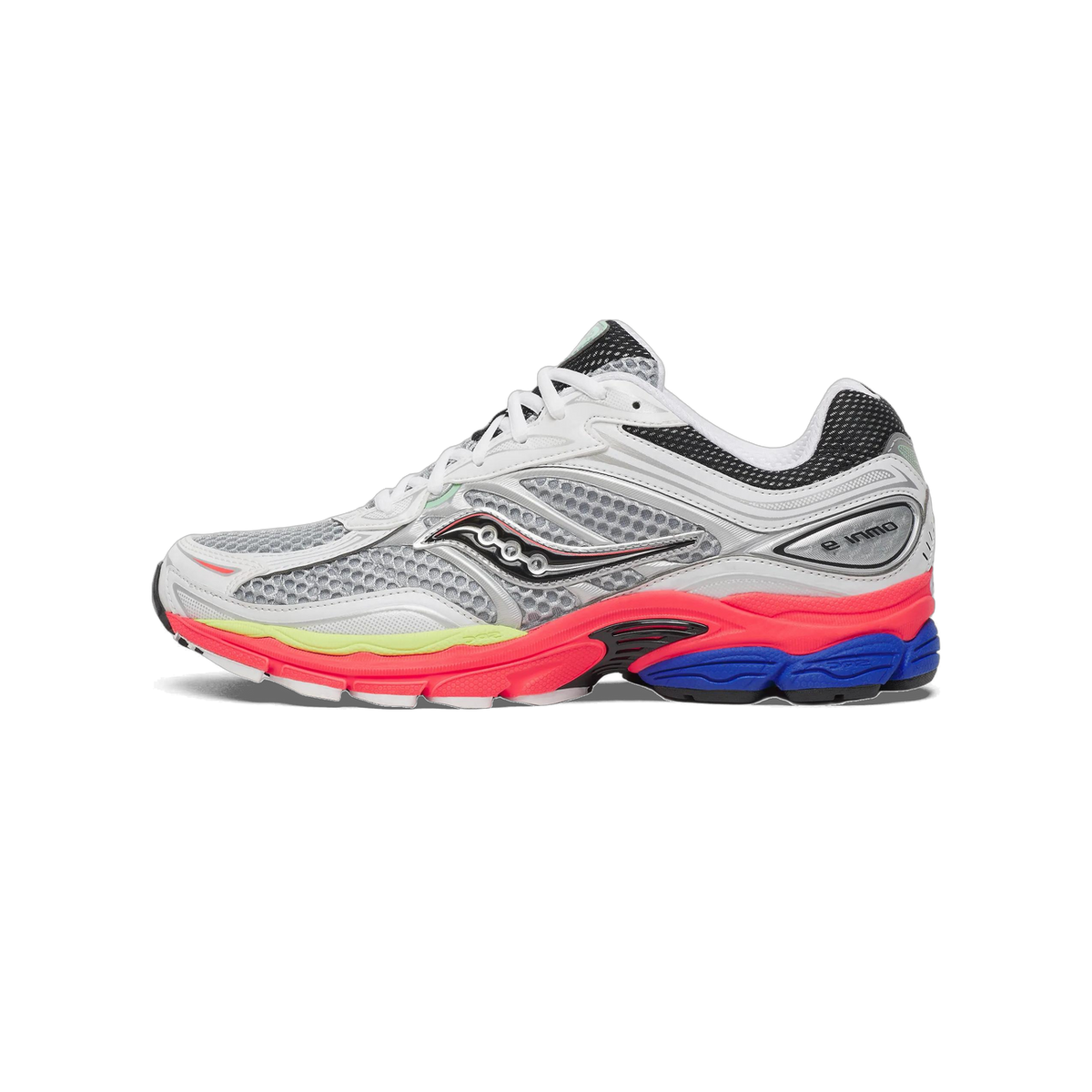 Side view of a white and silver Saucony Omni 9 running shoe with a black mesh heel, coral-red and blue midsole, and a yellow accent stripe, toe pointing right.