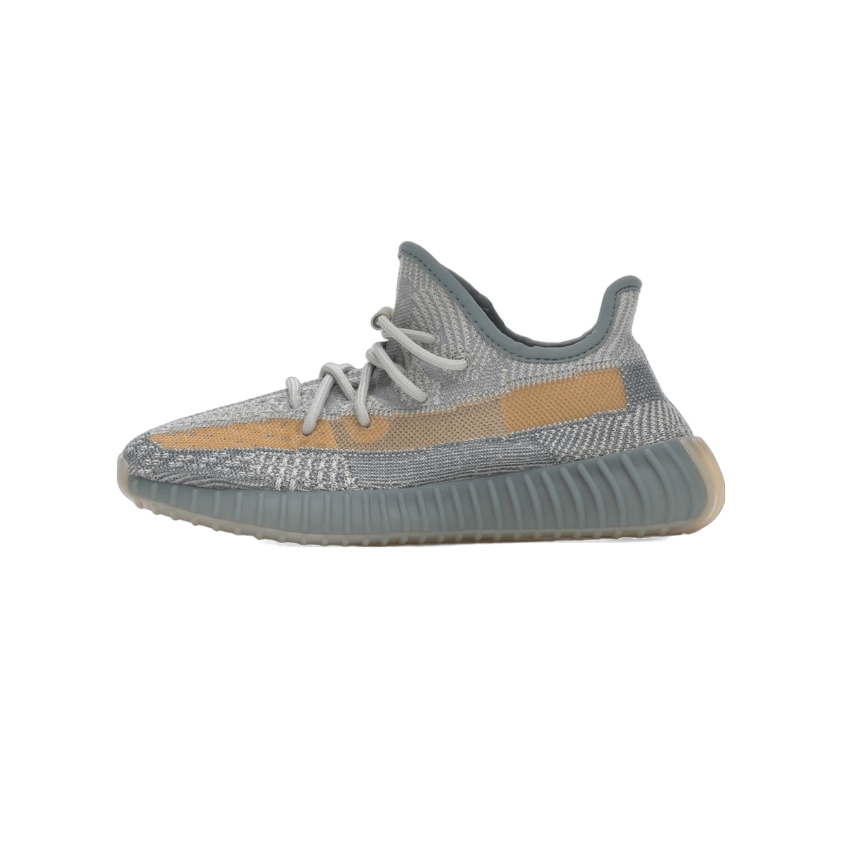 Side view of a grey knit Yeezy Boost 350 V2 sneaker with a tan side stripe panel and translucent grey outsole, toe pointing left.