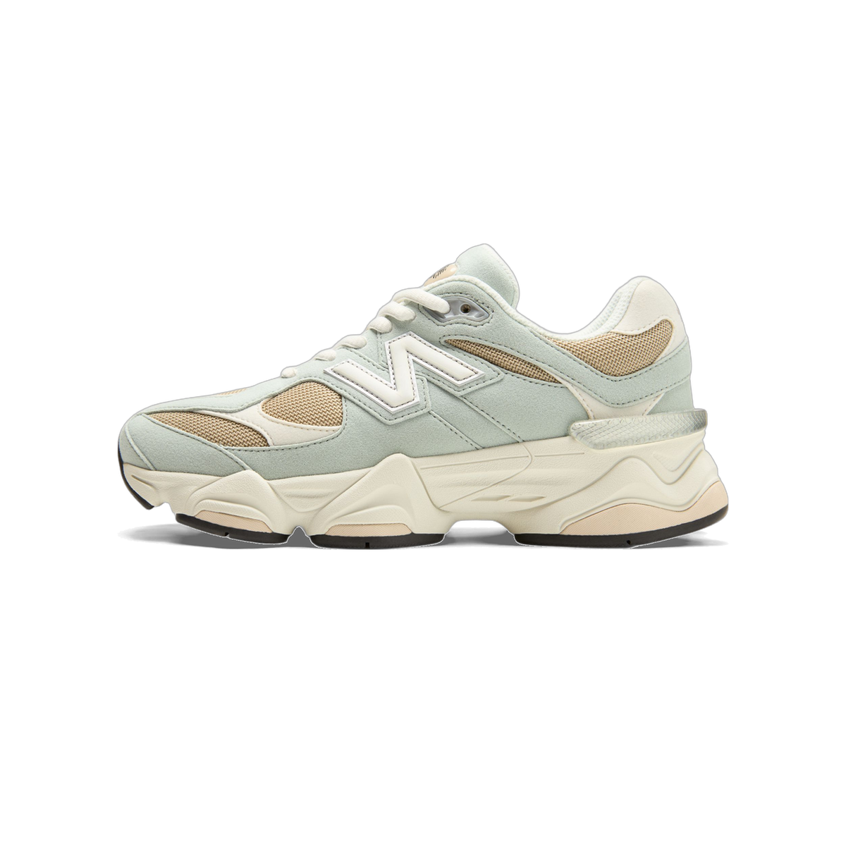 Left New Balance 9060 sneaker in sage green suede and tan mesh with white N logo, cream midsole, and tan outsole, shown from the side with toe pointing left