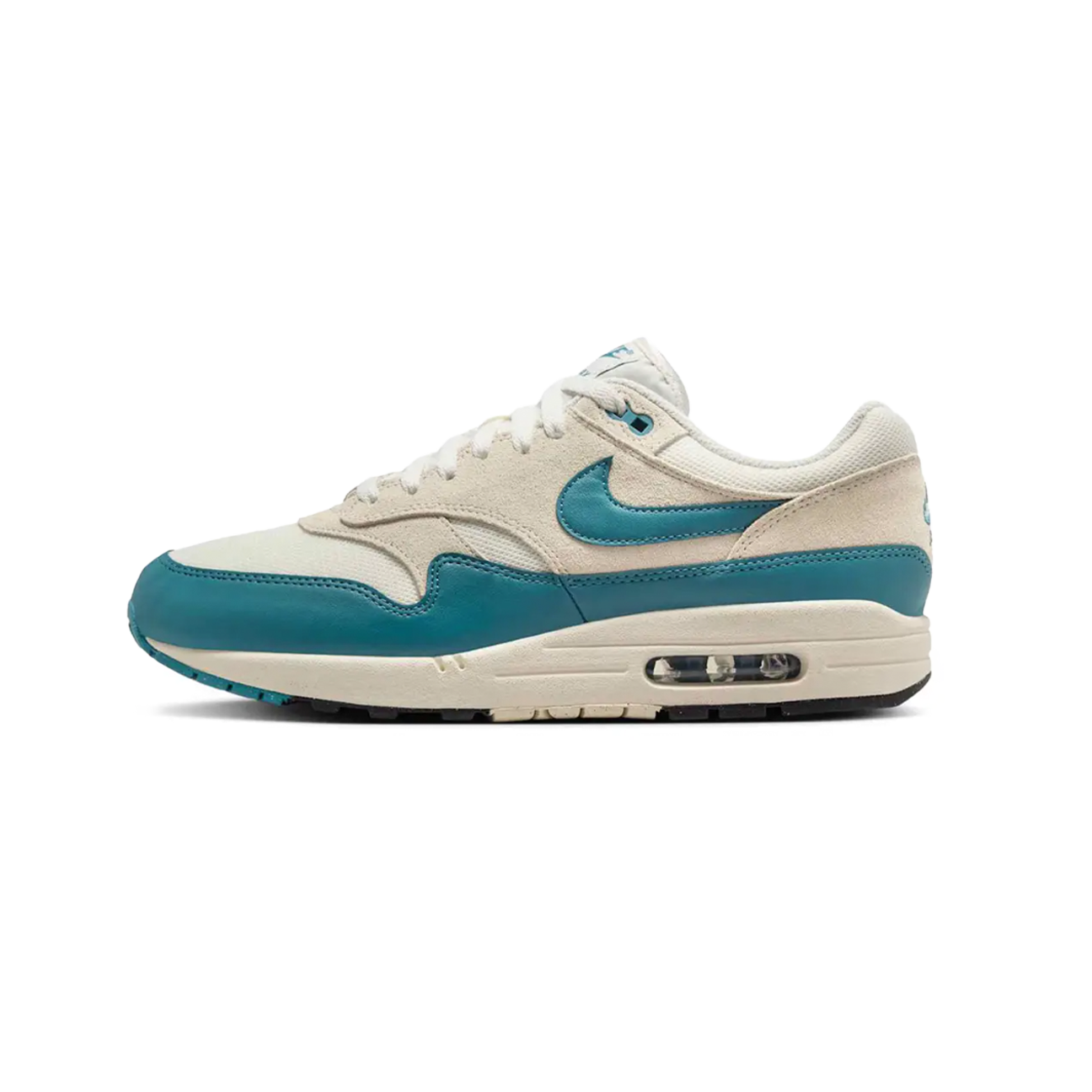 Nike Air Max 1 Essential Soft Pearl Smokey Blue sneaker with mesh and leather upper blue accents and classic Air Max cushioning available at The Attic