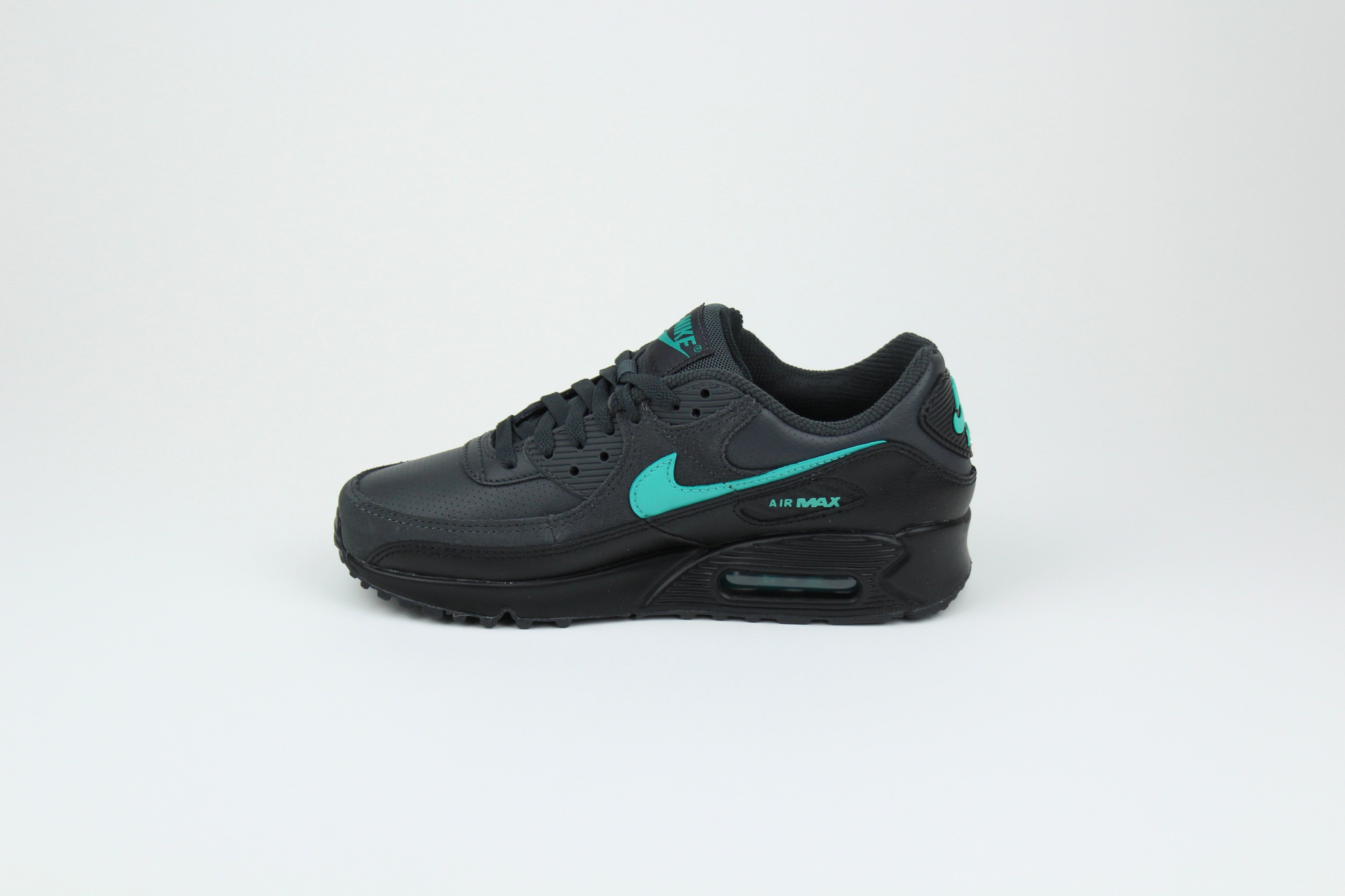 Nike Air Max 90 sneakers in 'Black Tiffany' colorway, bold black and Tiffany blue athletic shoes, perfect for casual and sporty styles.