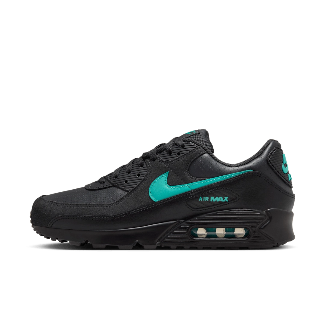 Nike Air Max 90 sneakers in 'Black Tiffany' colorway, bold black and Tiffany blue athletic shoes, perfect for casual and sporty styles.
