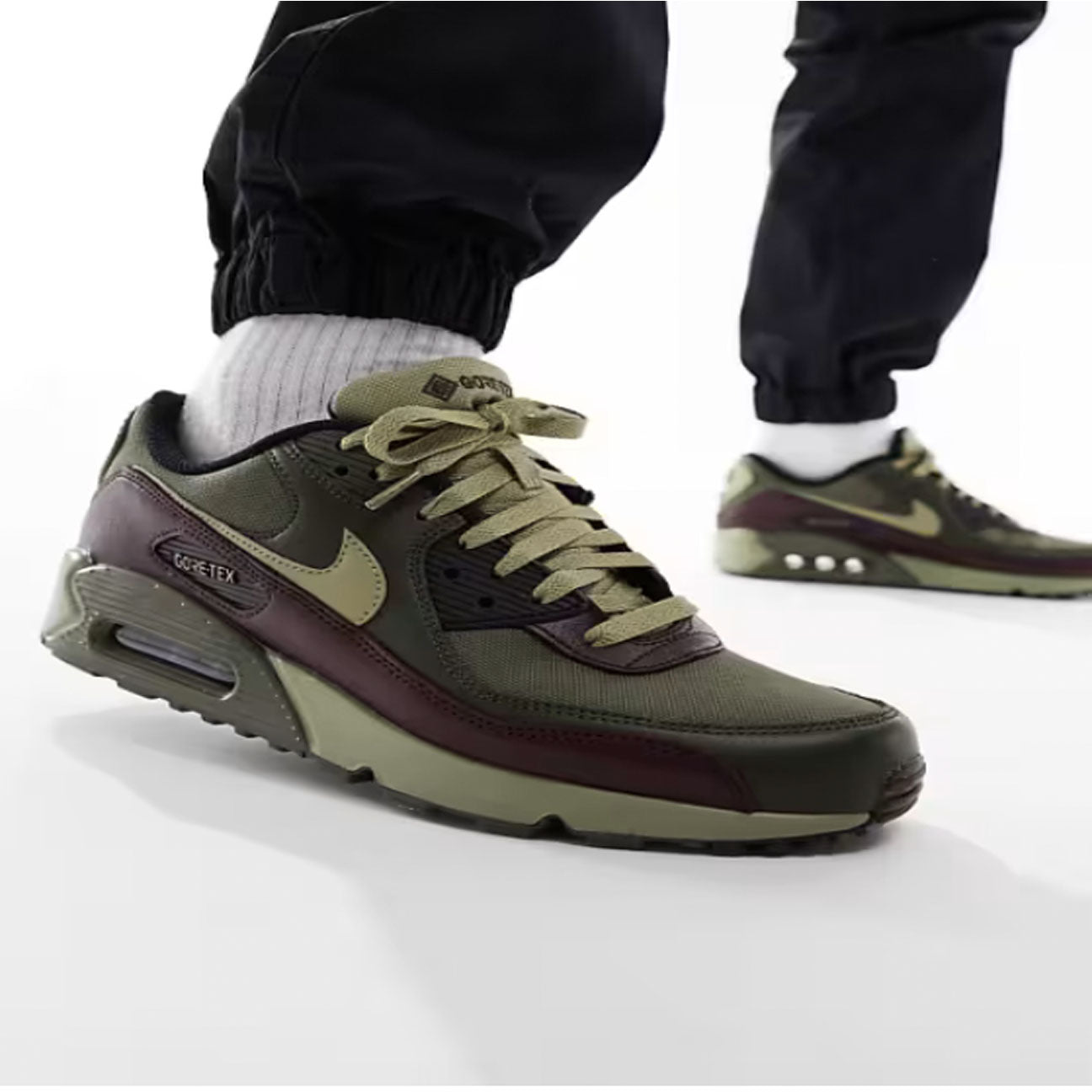 Nike Air Max 90 Gore Tex Medium Olive sneaker with waterproof Gore Tex upper and visible Air cushioning