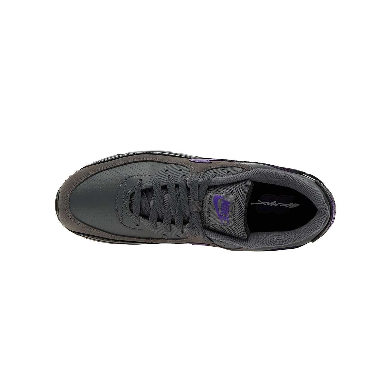 Nike Air Max 90 Iron Grey Wild Grape sneaker with mesh and leather upper purple accents and classic Air Max cushioning available at The Attic
