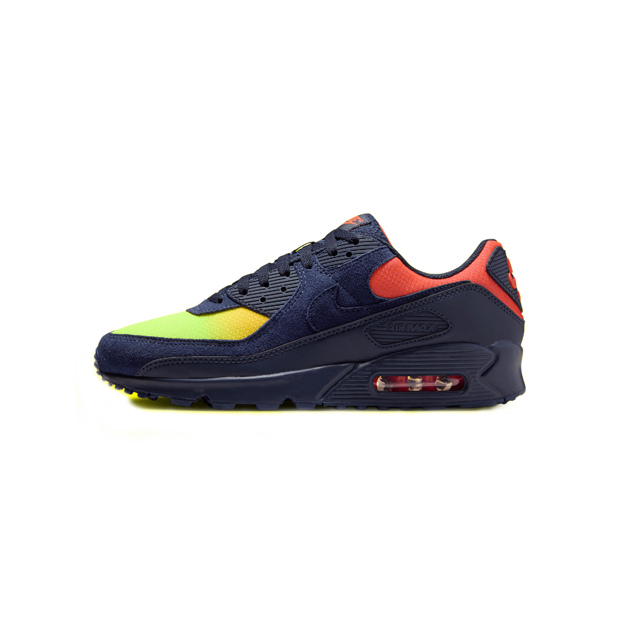 Nike Air Max 90 LTR Lemon Venom Blackened Blue GS sneaker with leather upper bold yellow colourway and visible Air cushioning