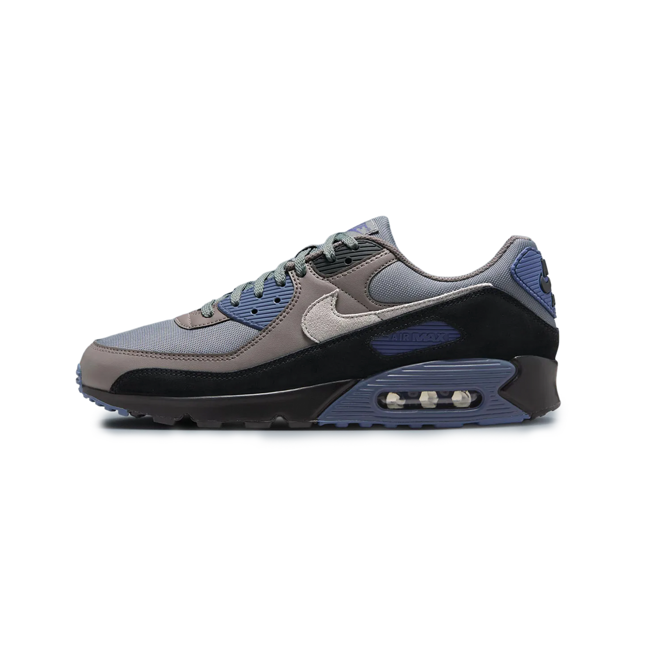 Nike Air Max 90 Smoke Grey Diffused Blue sneaker with grey mesh upper blue accents and Air Max cushioning available at The Attic