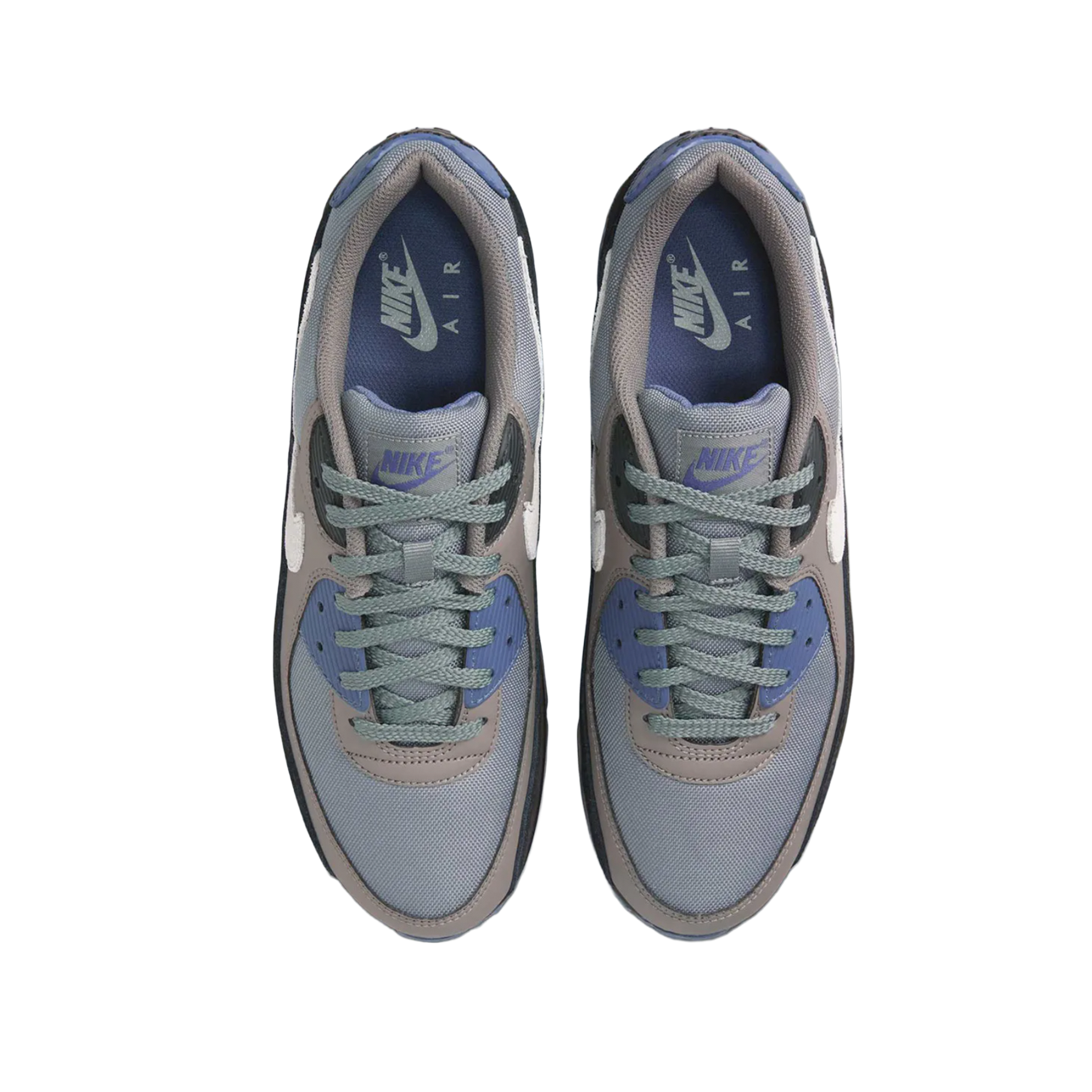 Nike Air Max 90 Smoke Grey Diffused Blue sneaker with grey mesh upper blue accents and Air Max cushioning available at The Attic