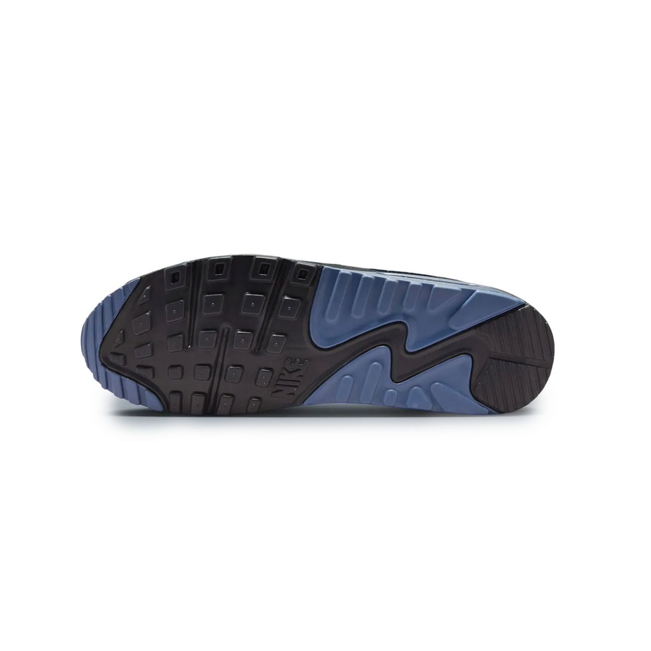 Nike Air Max 90 Smoke Grey Diffused Blue sneaker with grey mesh upper blue accents and Air Max cushioning available at The Attic