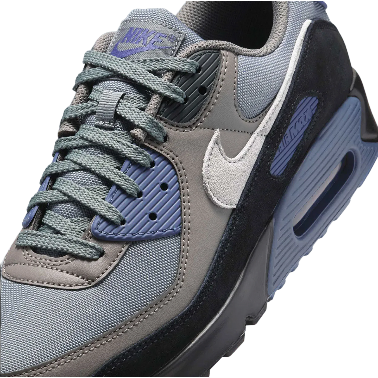 Nike Air Max 90 Smoke Grey Diffused Blue sneaker with grey mesh upper blue accents and Air Max cushioning available at The Attic