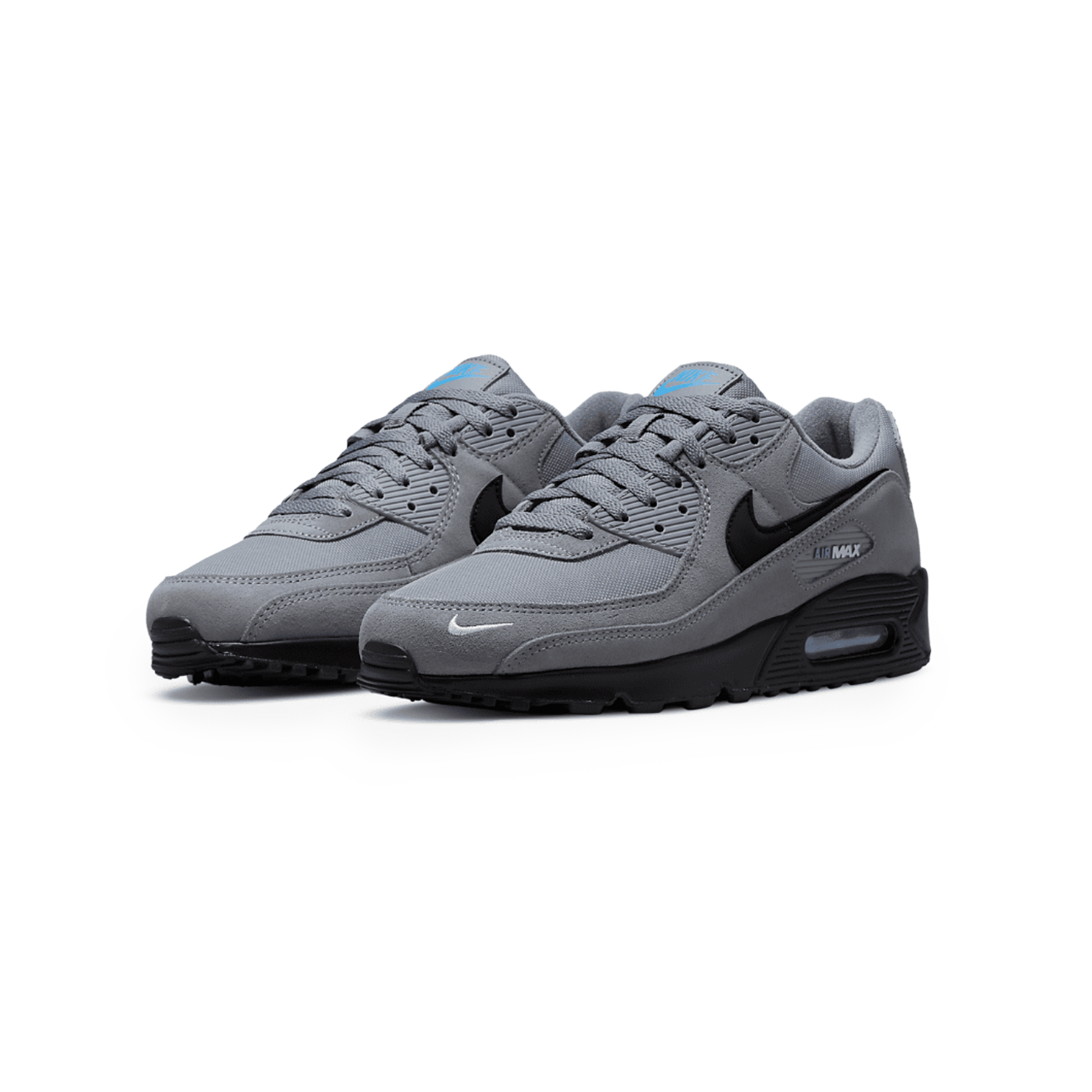 Nike Air Max 90 Smoke Grey Light Photo Blue sneaker with mesh and leather upper blue accents and classic Air Max cushioning available at The Attic