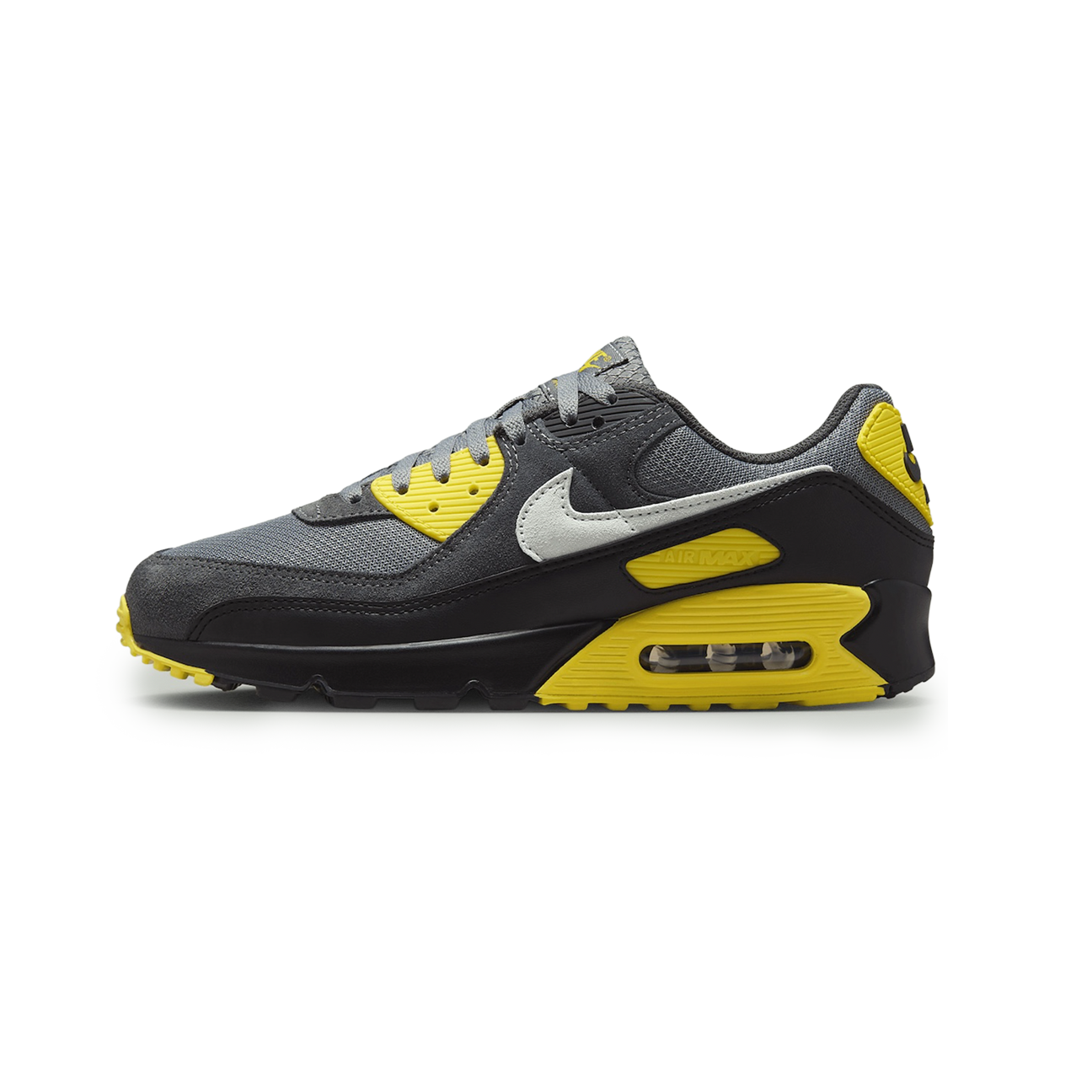 Nike Air Max 90 Smoke Grey Lightning sneaker with grey upper and bright Lightning accents available at The Attic