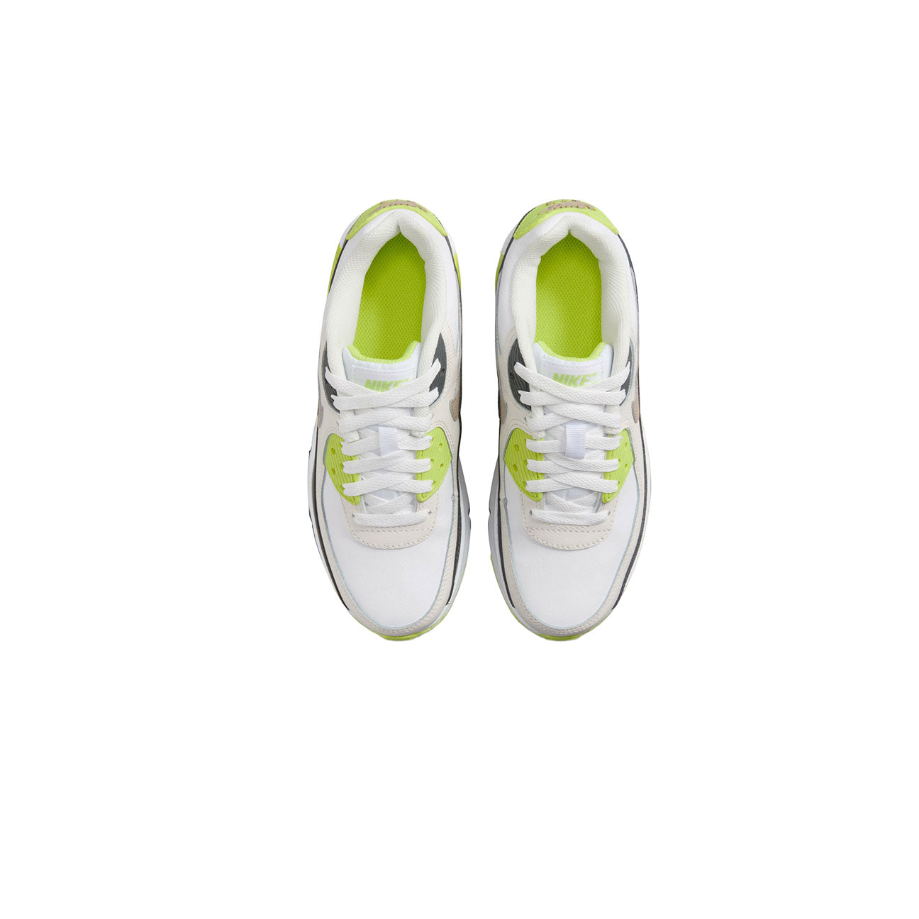 Nike Air Max 90 White Cyber Dark Smoke Grey Khaki GS sneaker with mesh and leather upper and visible Air cushioning