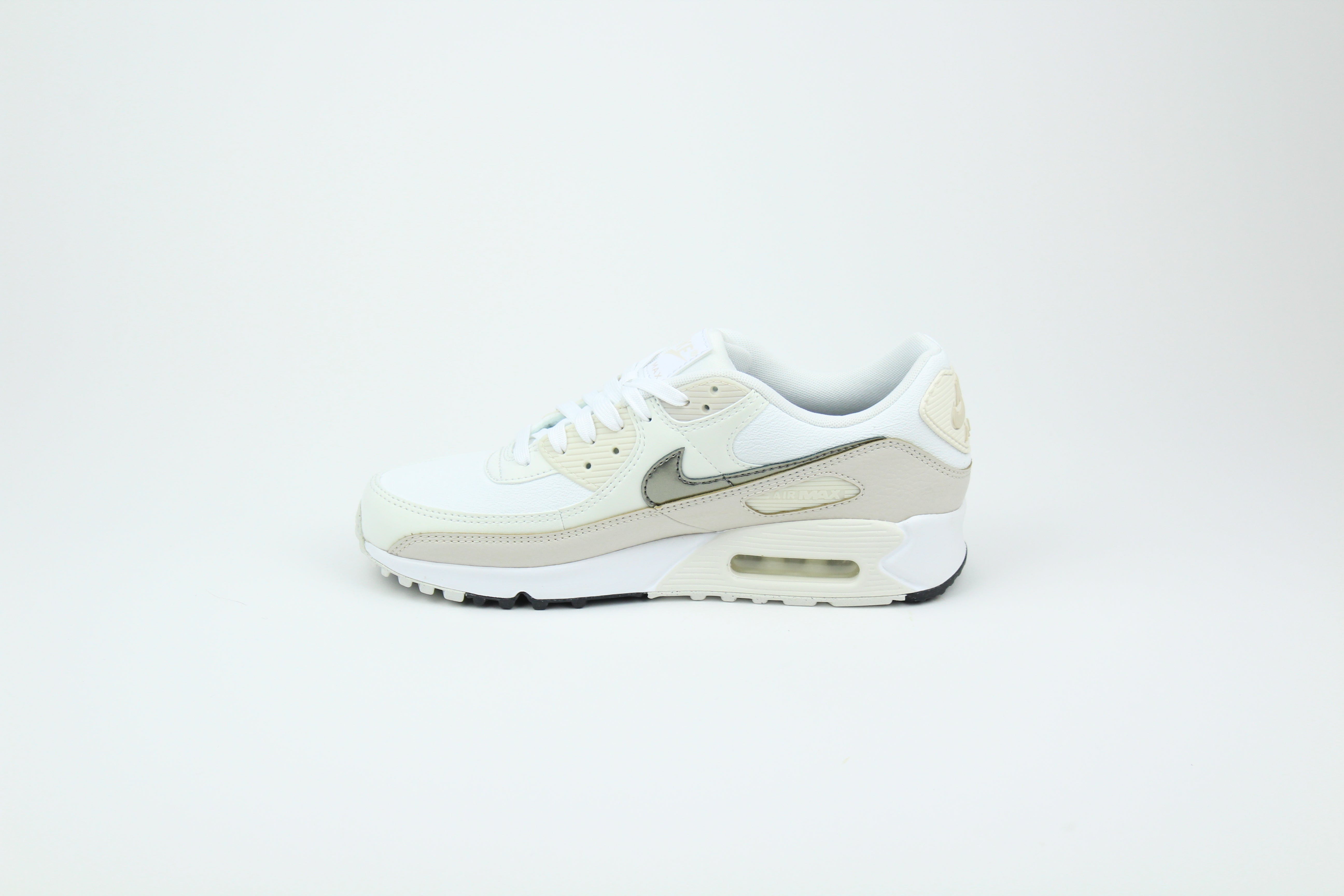 Nike Air Max 90 (Women's) sneakers in 'White & Flat Pewter' colorway, stylish and comfortable women's athletic shoes with white and pewter accents, perfect for casual and sporty wear.