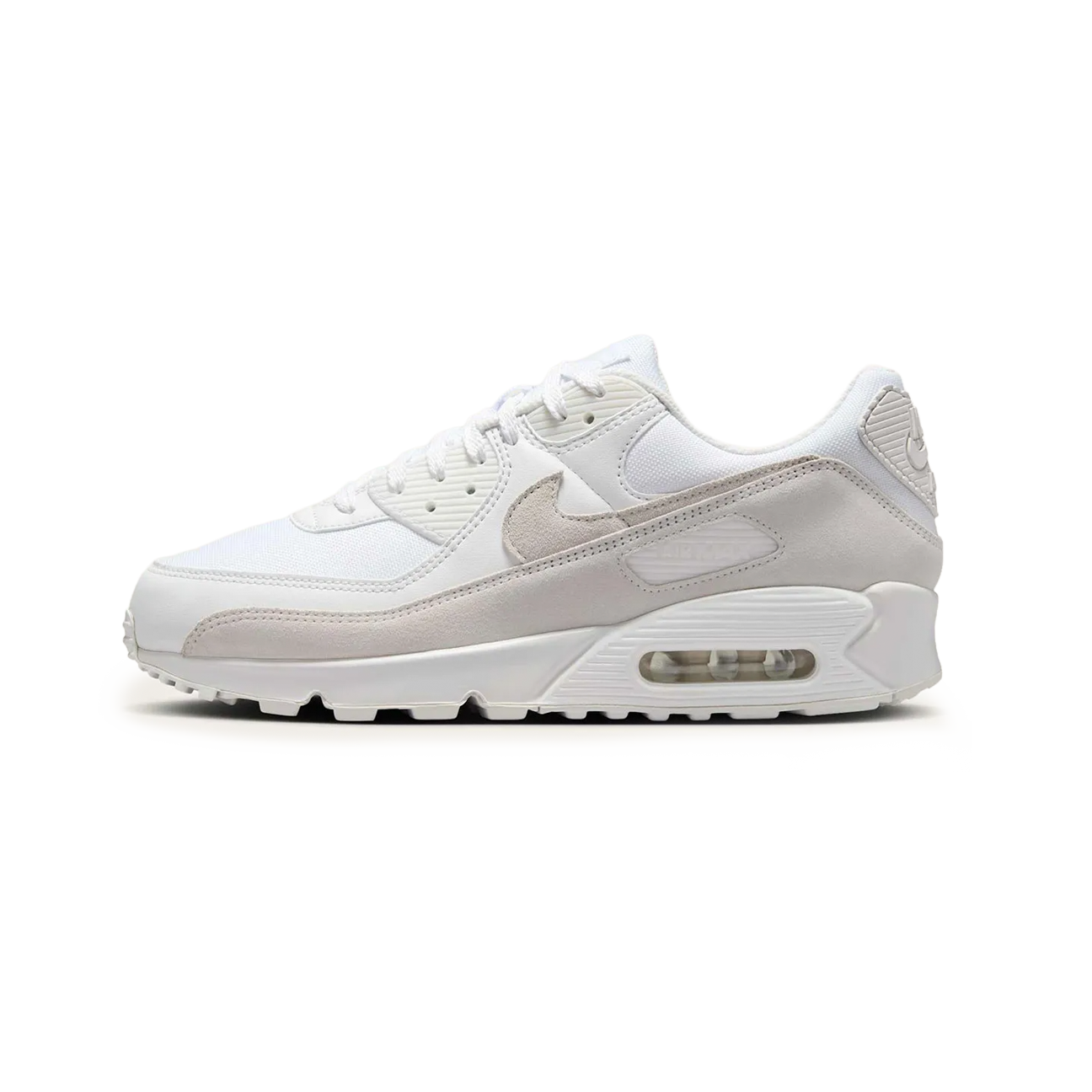 Nike Air Max 90 White Photon Dust Summit White sneaker with white mesh and leather upper soft grey tones and classic Air Max cushioning available at The Attic