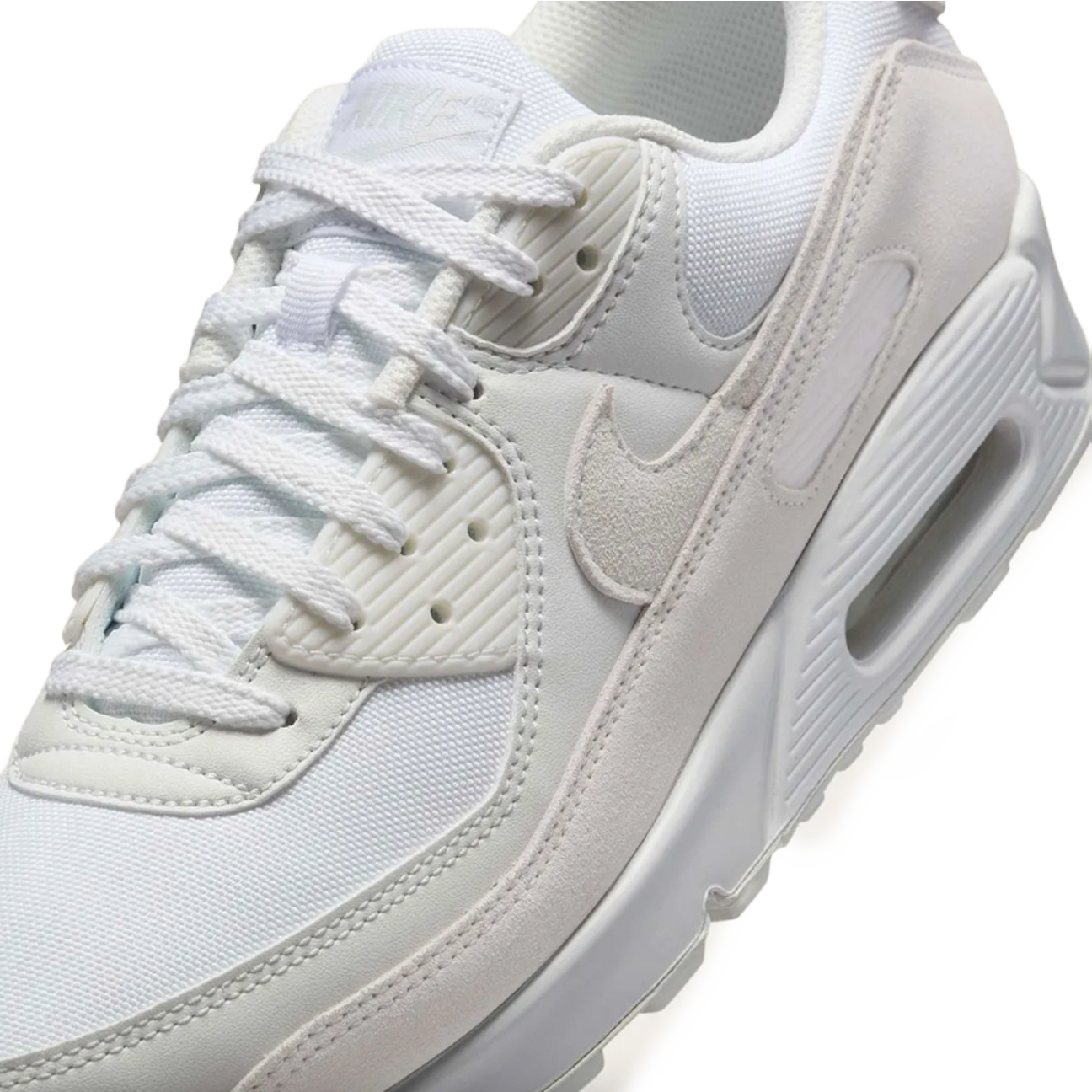 Nike Air Max 90 White Photon Dust Summit White sneaker with white mesh and leather upper soft grey tones and classic Air Max cushioning available at The Attic