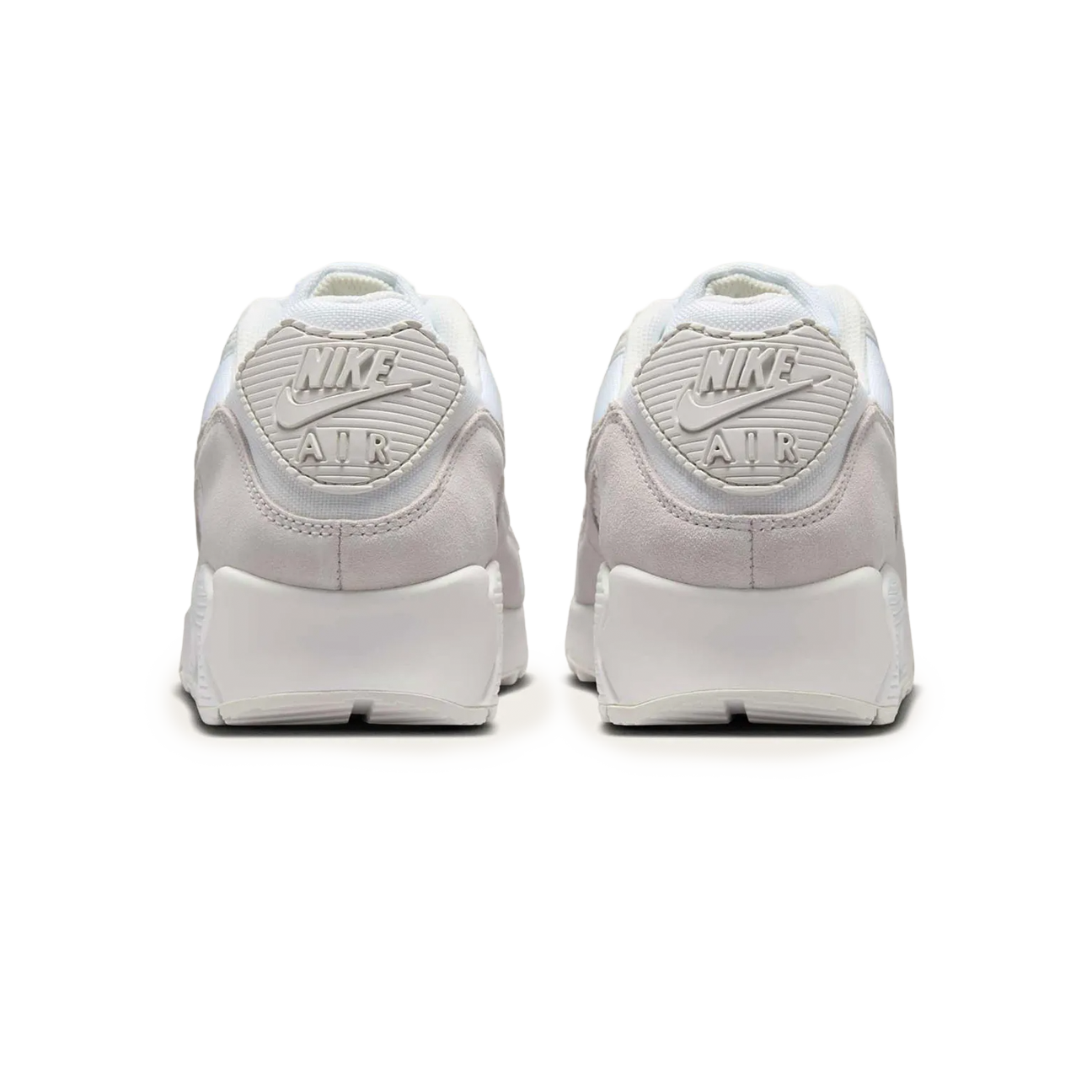 Nike Air Max 90 White Photon Dust Summit White sneaker with white mesh and leather upper soft grey tones and classic Air Max cushioning available at The Attic