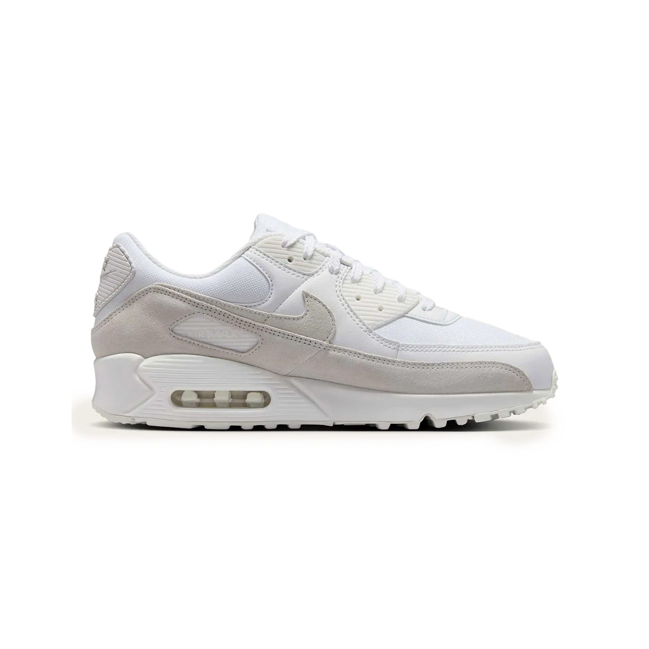 Nike Air Max 90 White Photon Dust Summit White sneaker with white mesh and leather upper soft grey tones and classic Air Max cushioning available at The Attic
