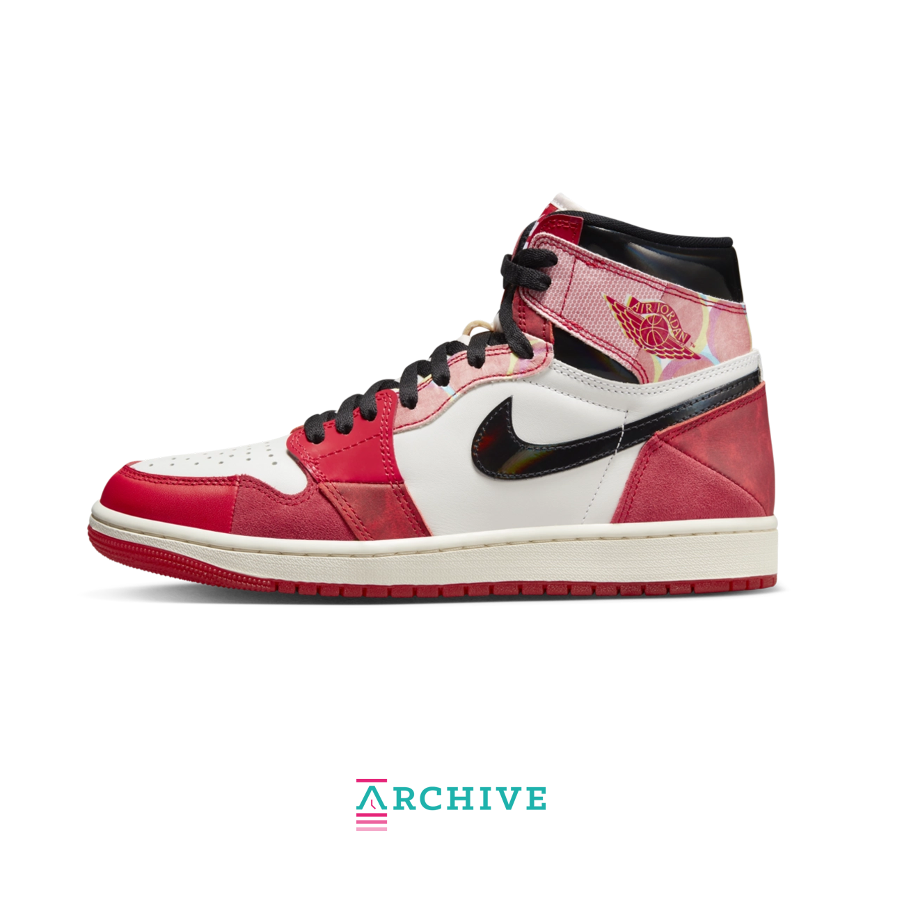 Spider Man x Air Jordan 1 Retro High OG Across the Spider Verse sneakers with red black white panels and unique mixed materials