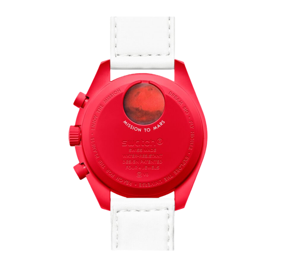 Swatch x Omega Bioceramic Moonswatch Mission to Mars – Red and White Chronograph Watch, Space-Inspired Collaboration Timepiece, Collectible Swiss Wristwatch