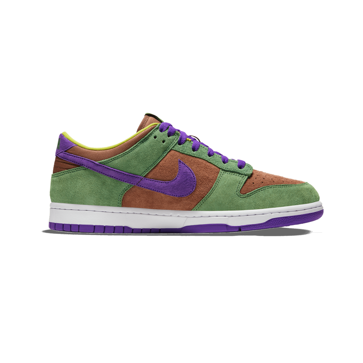 Left Nike Dunk Low sneaker in green suede and brown panels with a purple Swoosh and laces, shown from the outside with toe pointing left.