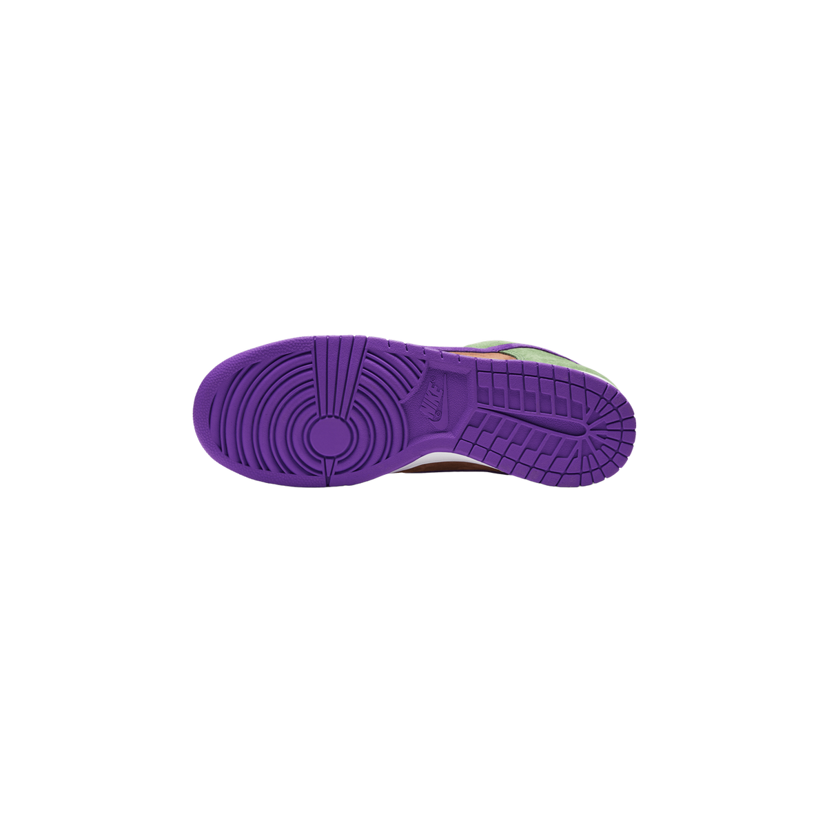 Bottom view of a single sneaker showing a purple rubber outsole with circular treework and a green suede upper visible at the edge