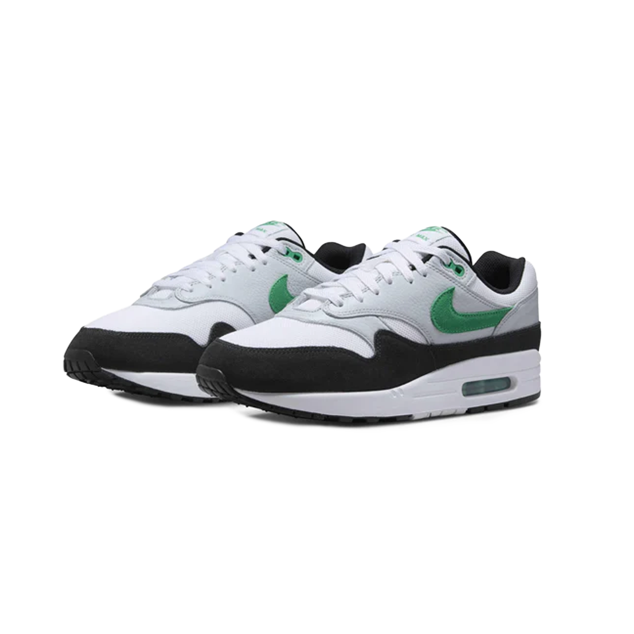 Nike Air Max 1 White Black Stadium Green sneaker with white mesh upper black detailing and green accents
