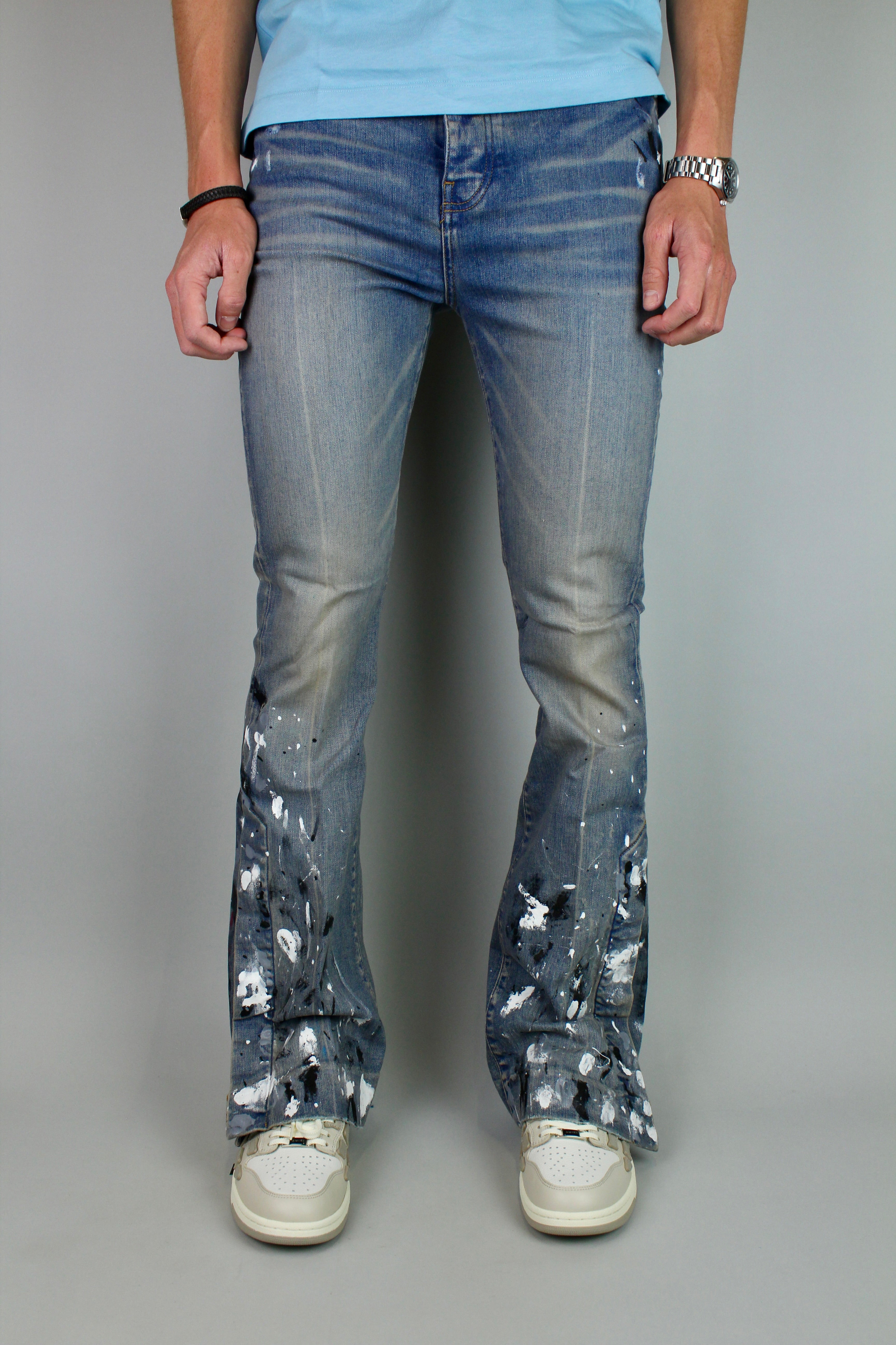 Amiri Paint Splatter Flare Jeans 'Clay Indigo'-9385348792650-The Attic