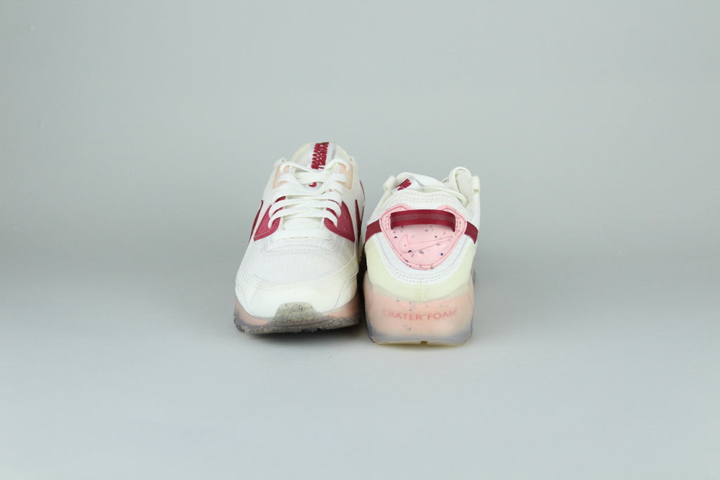 Nike Air Max 90 Terrascape Pomegranate sneakers side view, vibrant red and orange accents, eco-friendly design, vintage running shoe, innovative athletic footwear