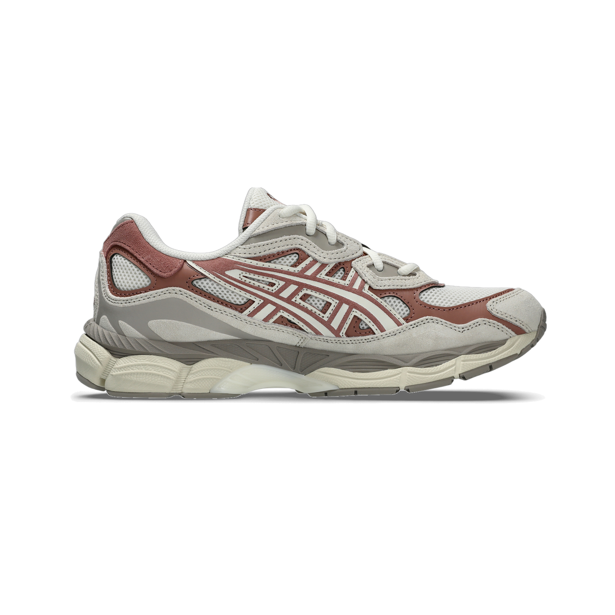 Side view of a cream and brown Asics GEL-NYC sneaker with mesh panels, suede overlays, and a chunky grey outsole, toe pointing left.
