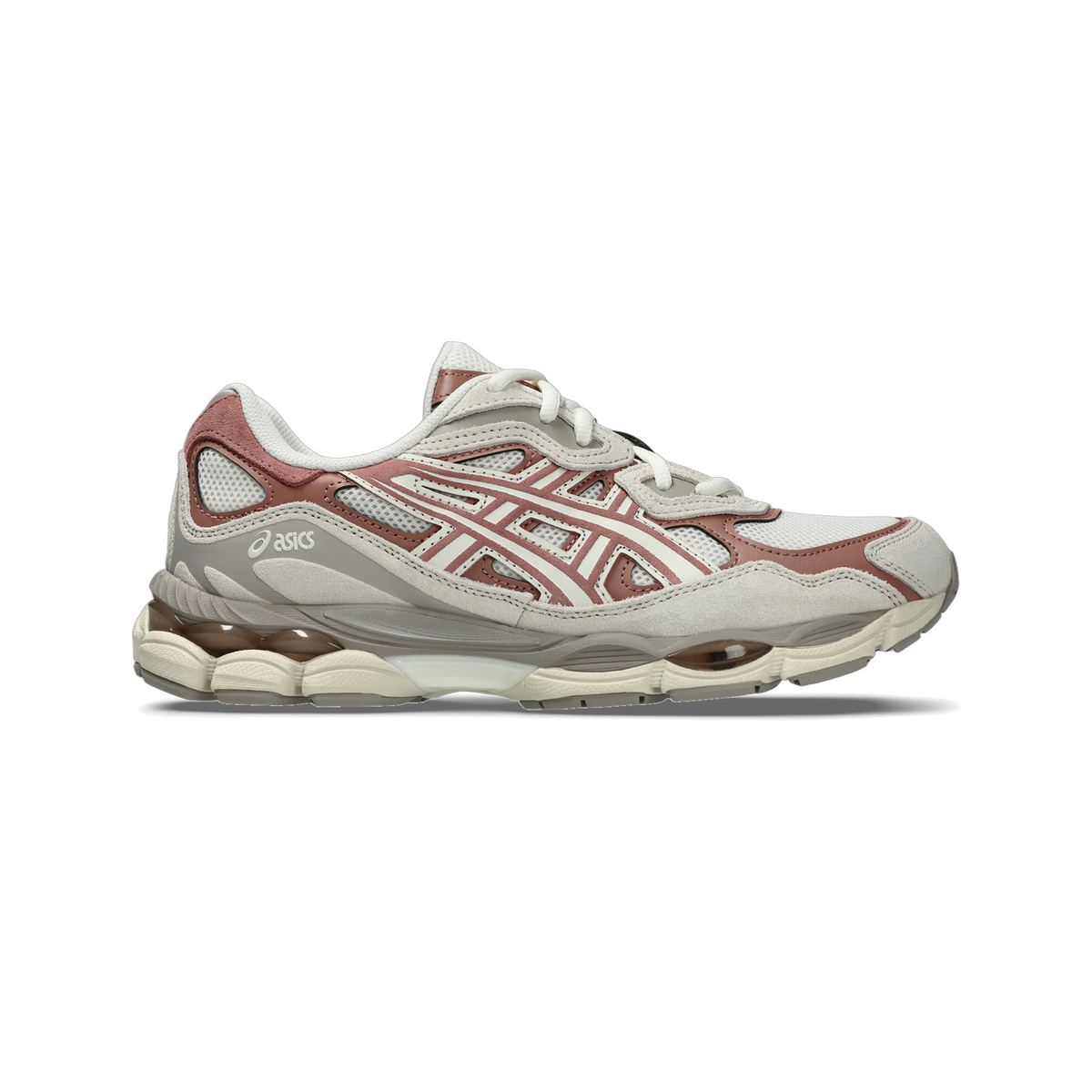 Side view of a beige and brown Asics GEL-NYC sneaker with the toe pointing left, showing the Asics logo and visible gel cushioning in the heel