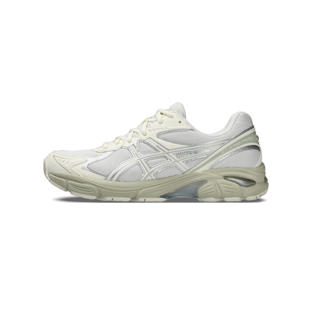 Side view of a white and cream Asics GT-2160 sneaker with silver overlays and a beige outsole, toe pointing right