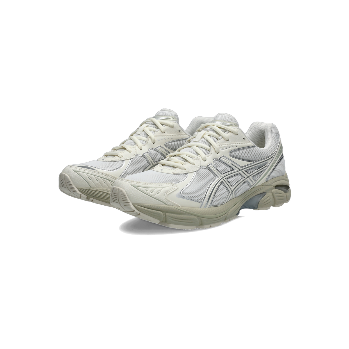 Pair of white and cream Asics GT-2160 sneakers with silver side panels and beige outsoles, angled toward the left.