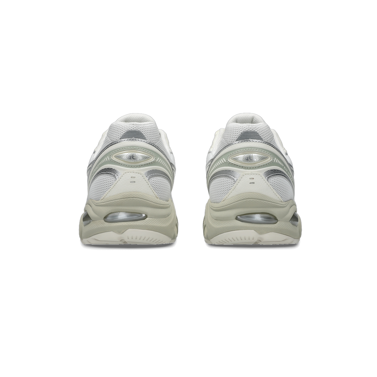 Rear view of a pair of white and cream Asics GT-2160 sneakers showing visible gel heel cushioning units and silver detailing