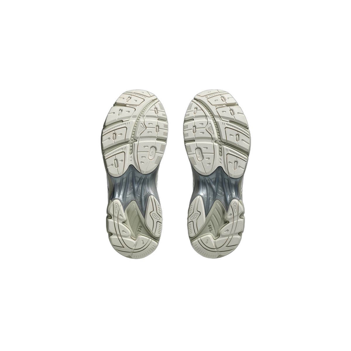Bottom view of a pair of Asics GT-2160 sneakers showing the beige and gray tread pattern on both outsoles