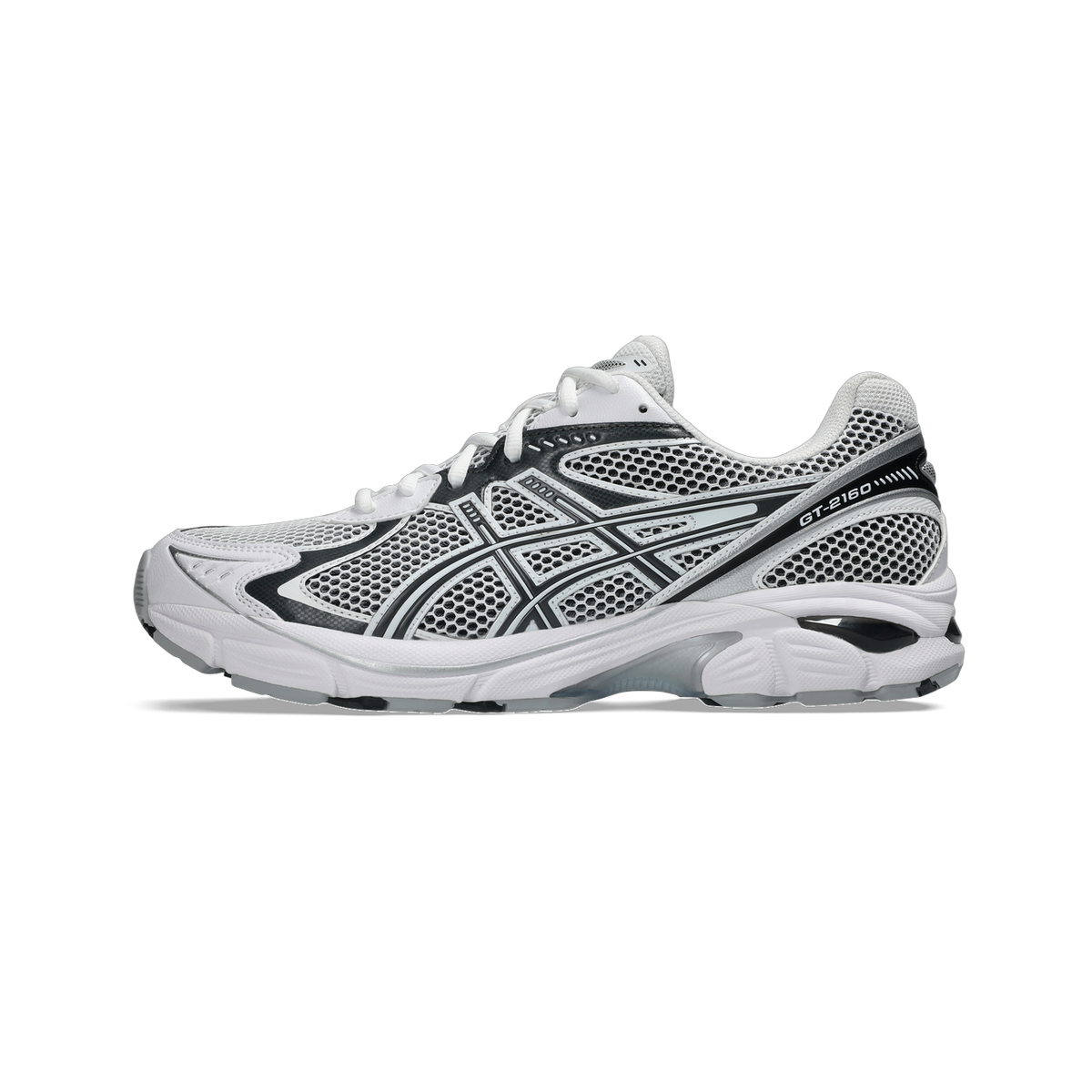 Lateral view of a white and gray Asics GT-2160 running shoe with black mesh overlay accents and a white midsole.
