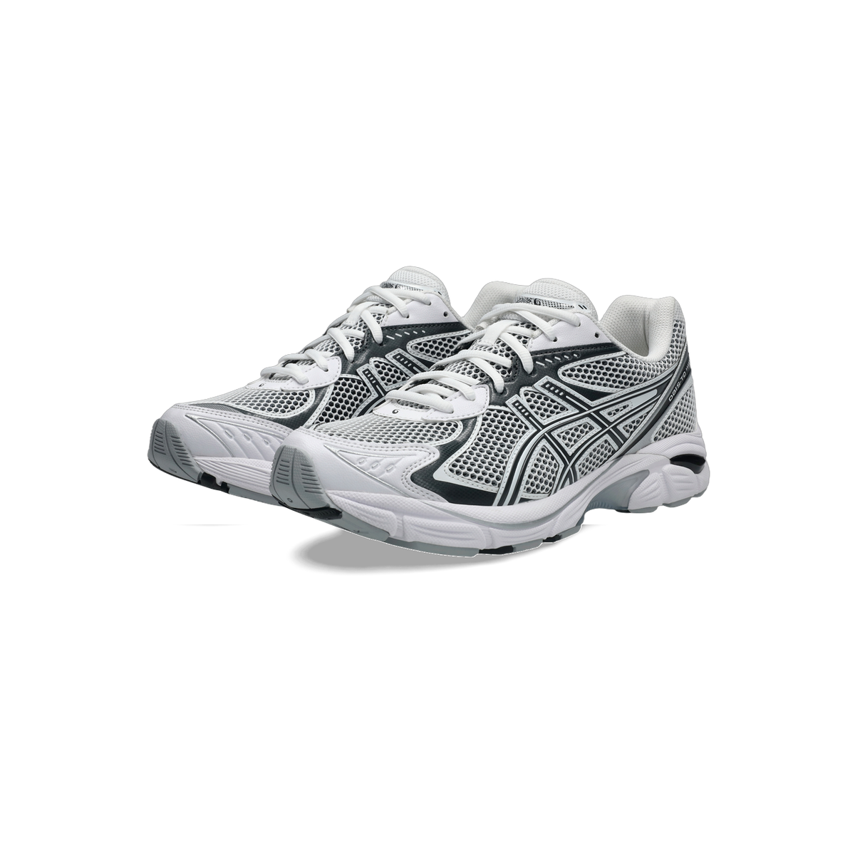 Pair of white and gray Asics GT-2160 running shoes with black accents shown at an angled front view.