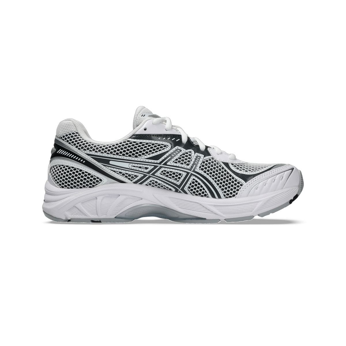 Side view of a white and gray Asics GT-2160 running shoe with black overlay accents and a mesh upper.